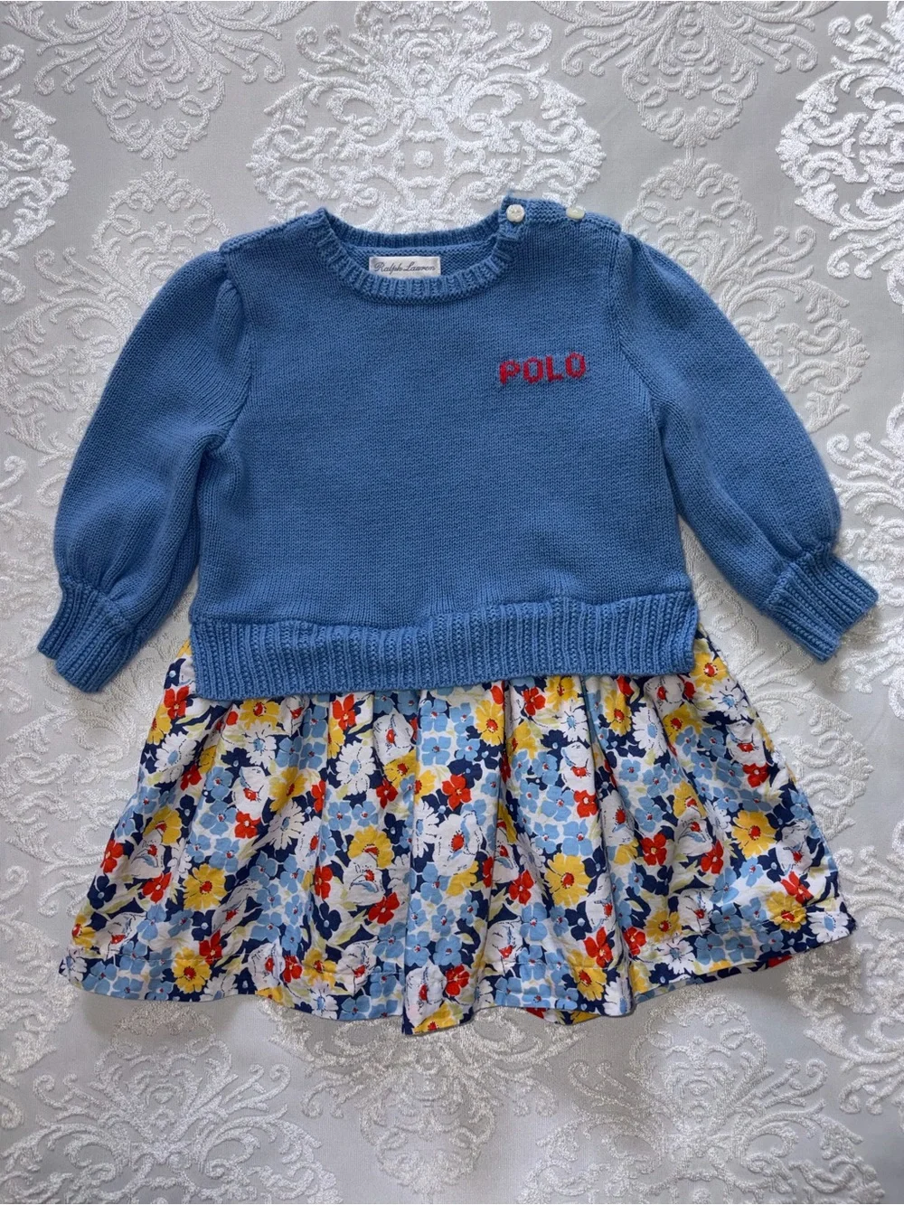 Ralph Lauren Polo Girls Sweater Dress Floral Cotton Skirt Size 9-12 Month
